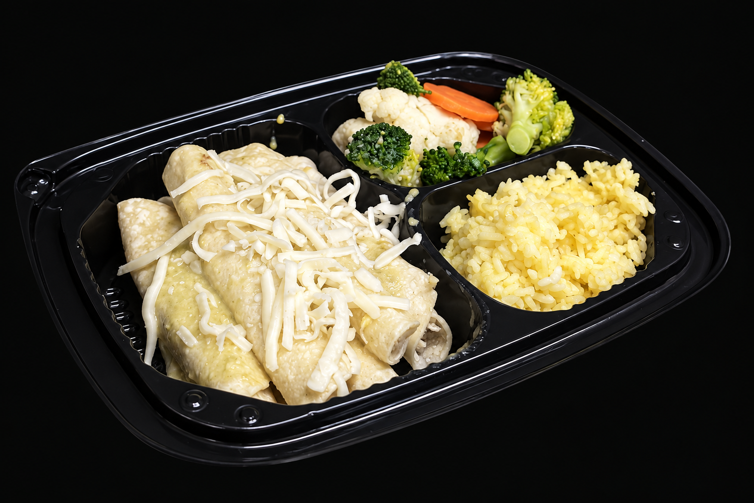 Enchiladas suizas. Con arroz y guarnición de verduras.